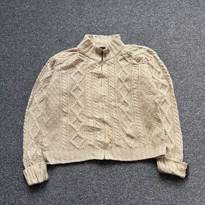 Cozy Zip-Front Cable Knit Turtleneck Sweater in Beige